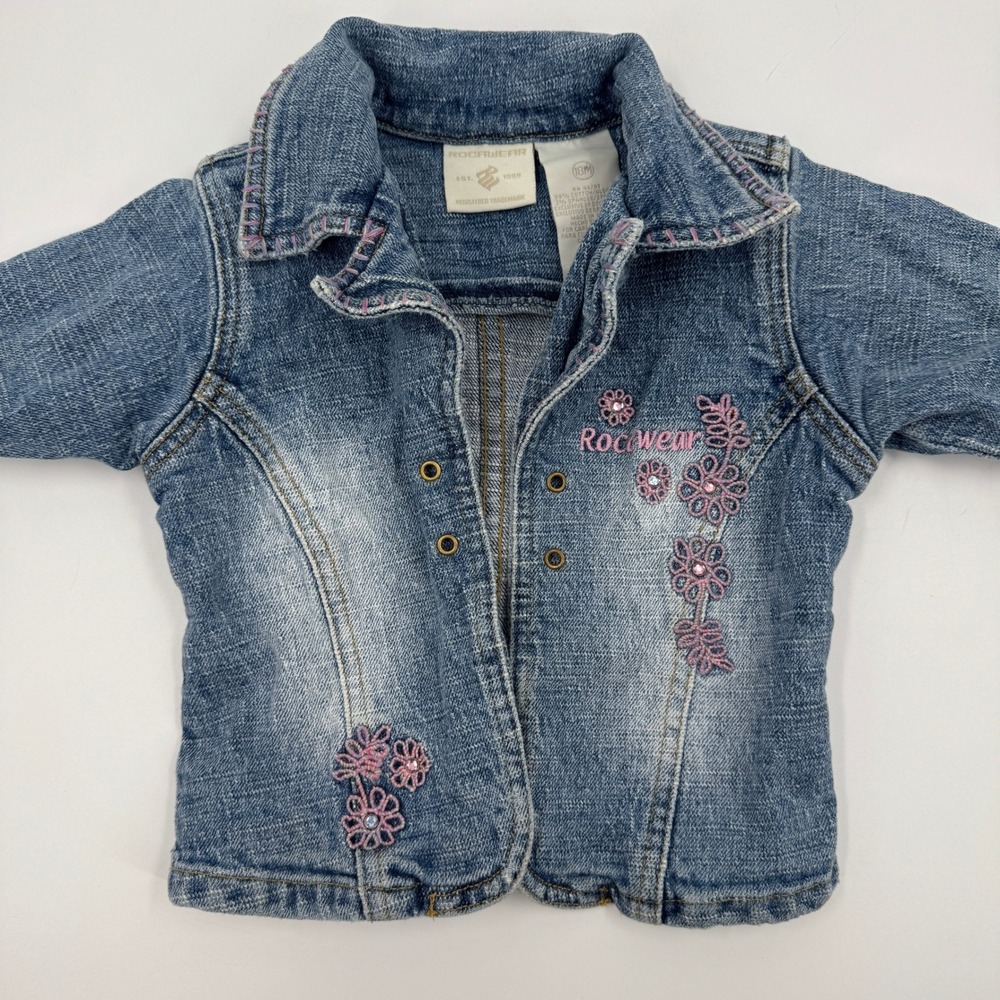 Rocawear Denim Jacket Toddler 18M Blue Pink Floral‎ Embroidered Rhinestone Y2K